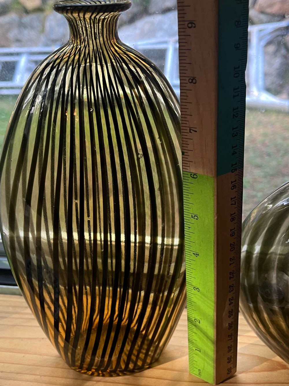 Art Deco style Amber Black stinger Stripe Sculptural Glass Vases Set of 2 - Picture 10 of 13